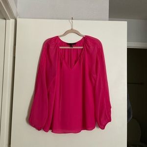 White House Black Market bright pink blouse with sheer sleeves & lace detail